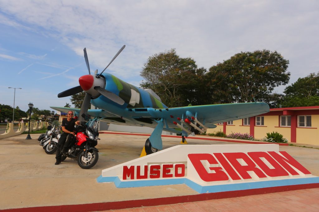 Christopher P Baker and Suzuki V-Strom 1000 at the Bay of Pigs Museum, Cuba; copyright Christopher P Baker